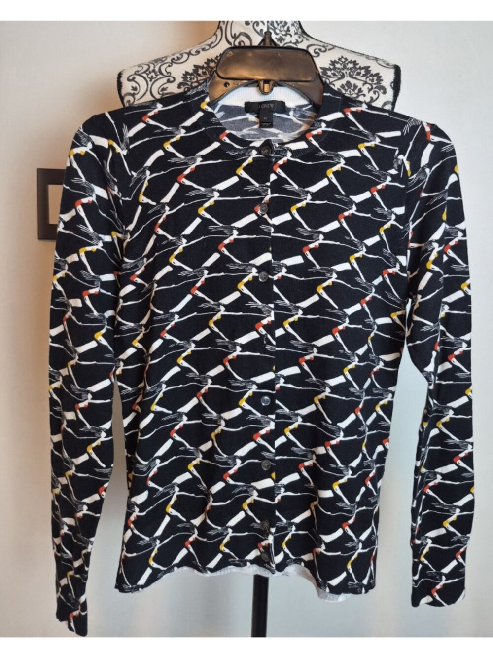 J.Crew Women's Cardigan Sz M Black Crane Bird Print Button Front Cotton Blend